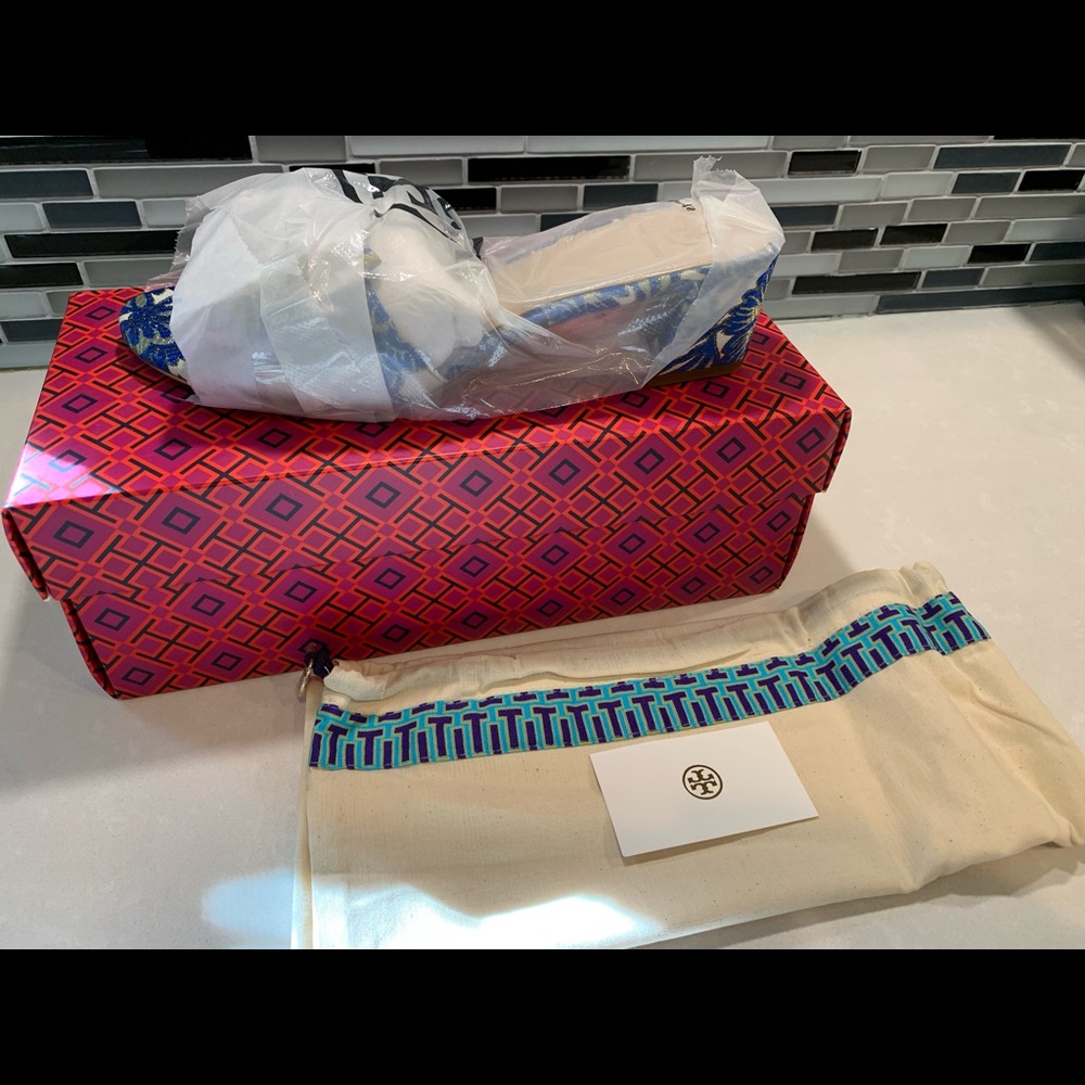 Tory Burch New Valentina Blue Metallic Brocade Bow Slide Sandals Size 7.5 - Picture 3 of 7